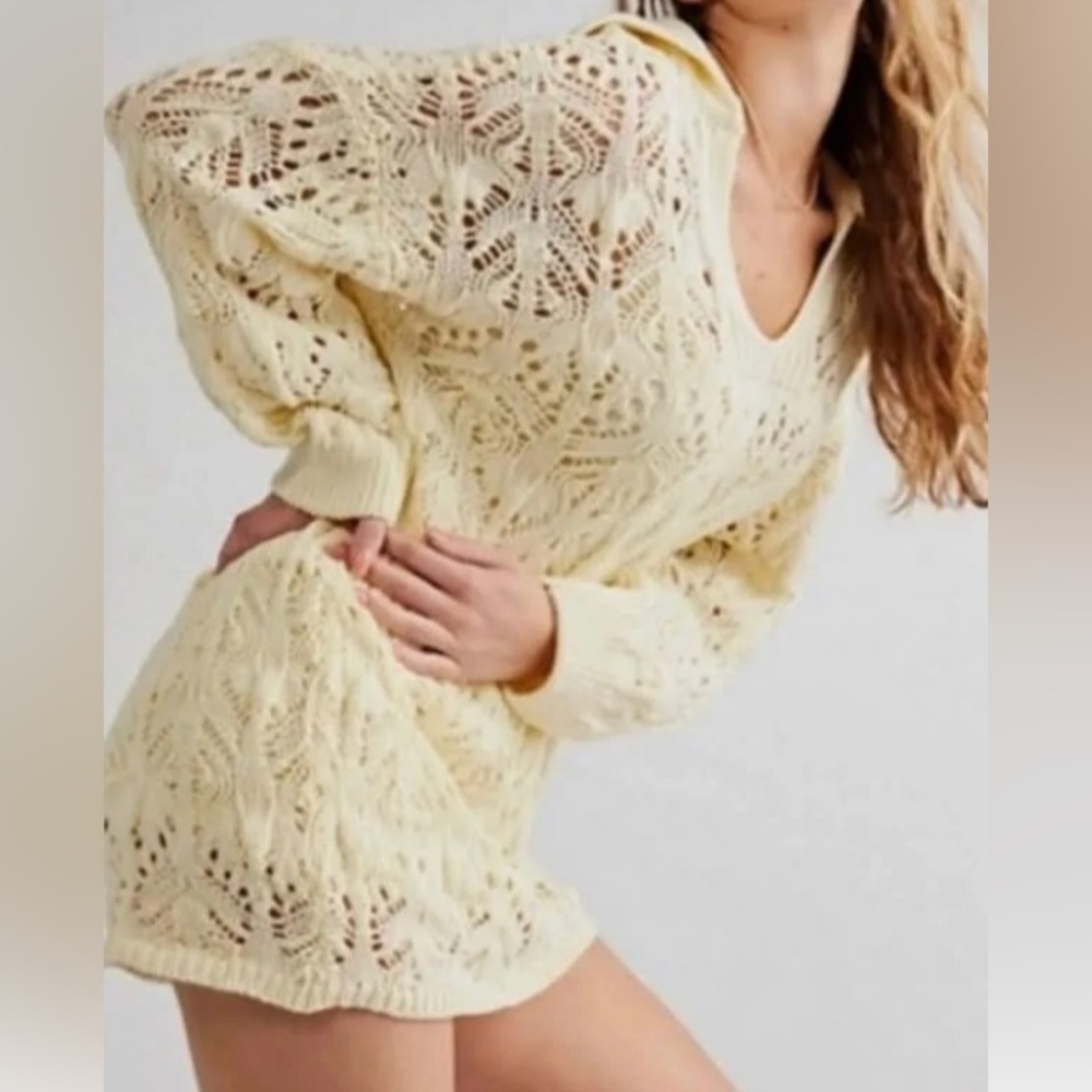 NWOT Free People Elton Cream Crochet Knit Long Sleeve Mini Dress